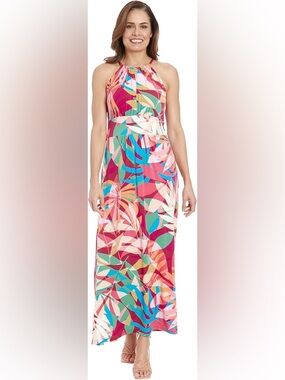 London Times Multicolor Tropical Halter Morris Maxi